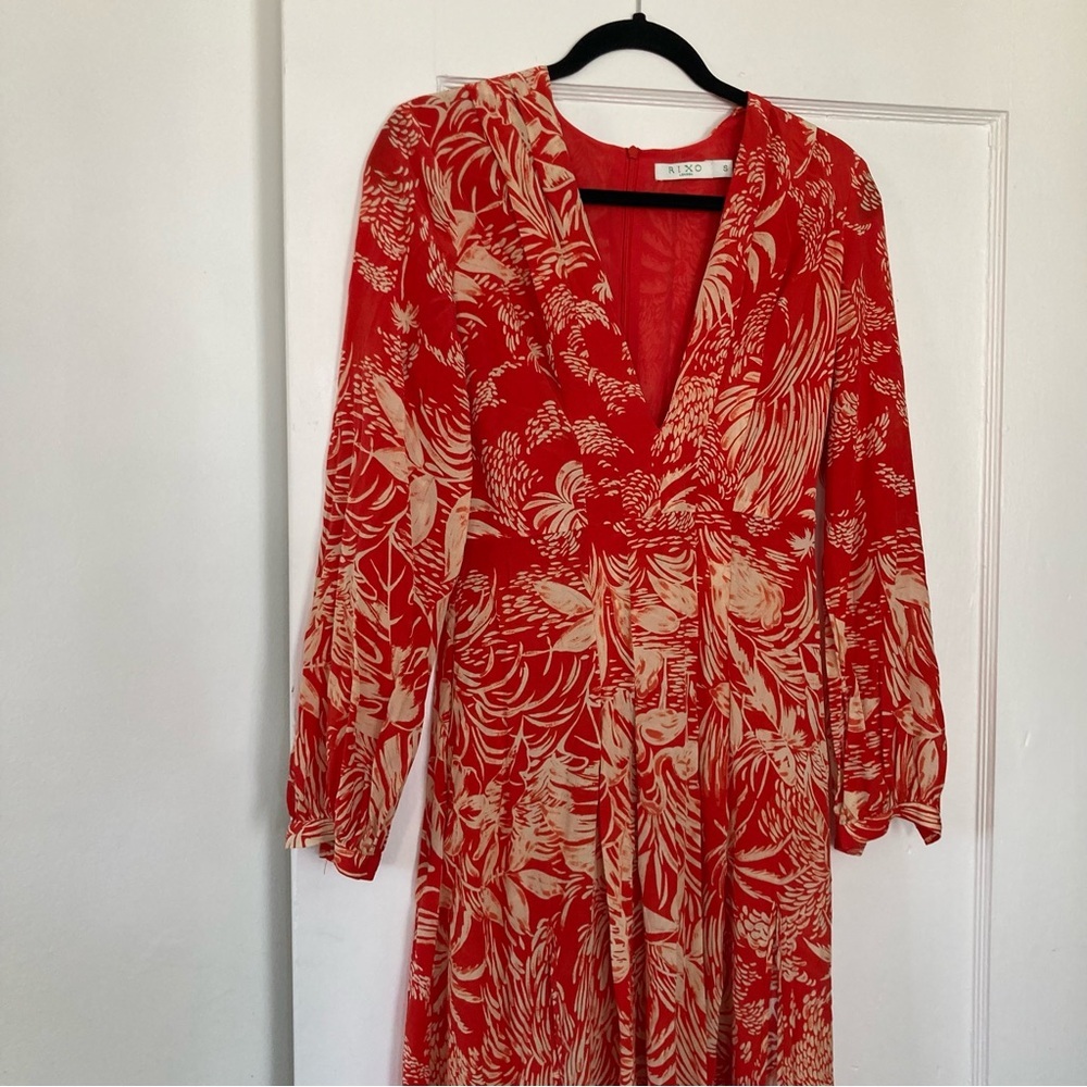 Rixo Camellia midi dress orange red palm tropical print size S